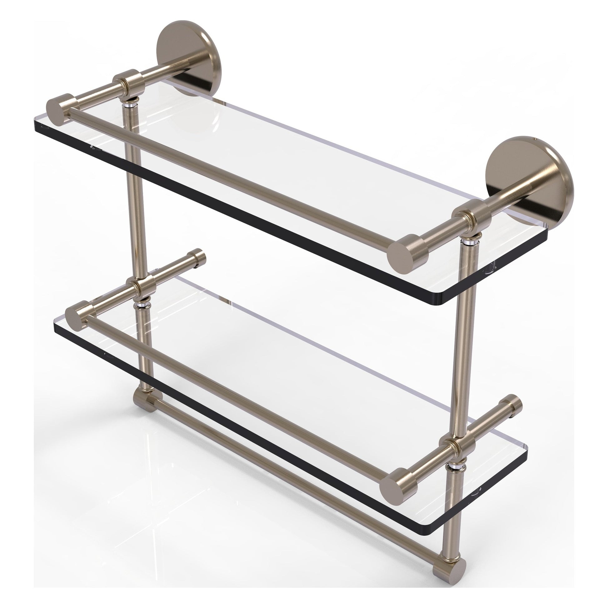 Allied Brass Prestige Skyline 16" x 5" Antique Pewter Solid Brass Double Glass Shelf With Towel Bar