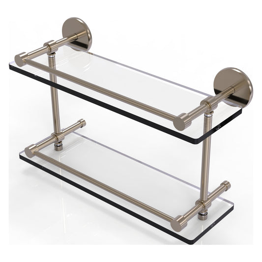 Allied Brass Prestige Skyline 16" x 5" Antique Pewter Solid Brass Tempered Double Glass Shelf With Gallery Rail