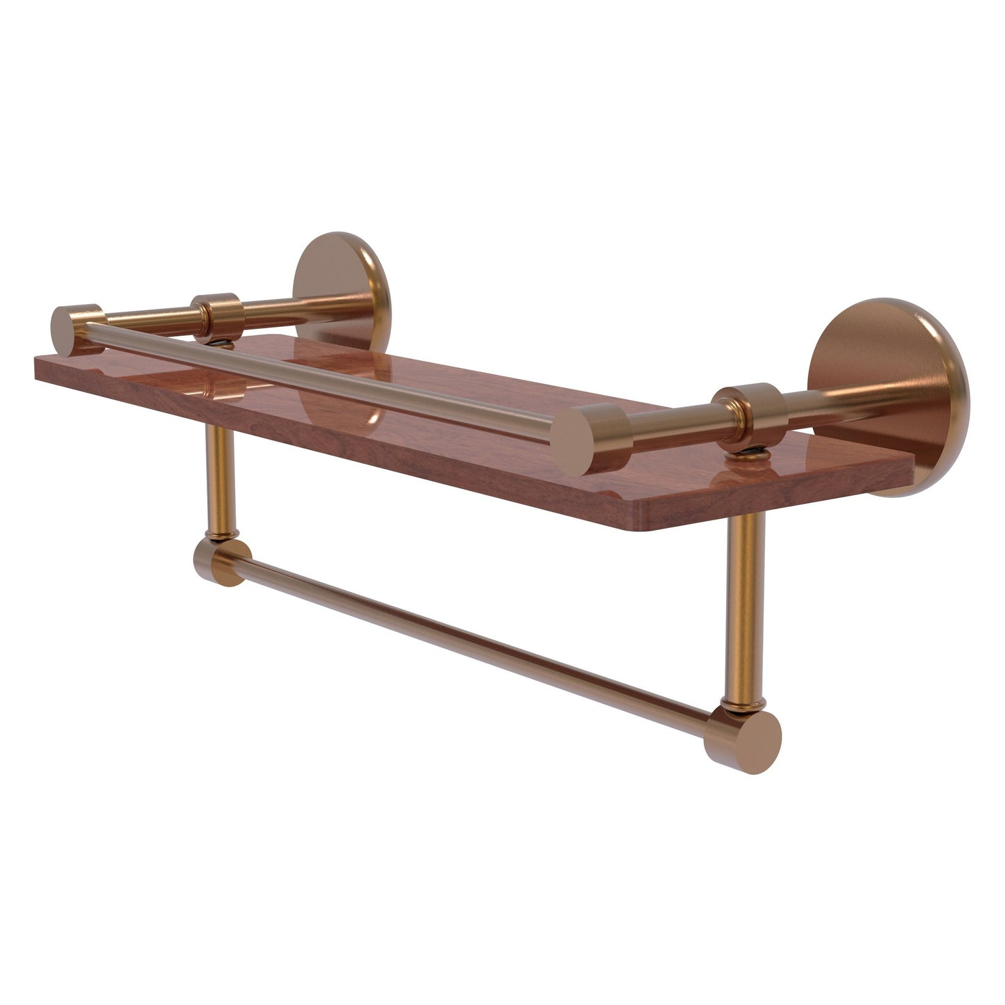Allied Brass Prestige Skyline 16" x 5" Brushed Bronze Solid Brass IPE Ironwood Shelf With Gallery Rail and Towel Bar