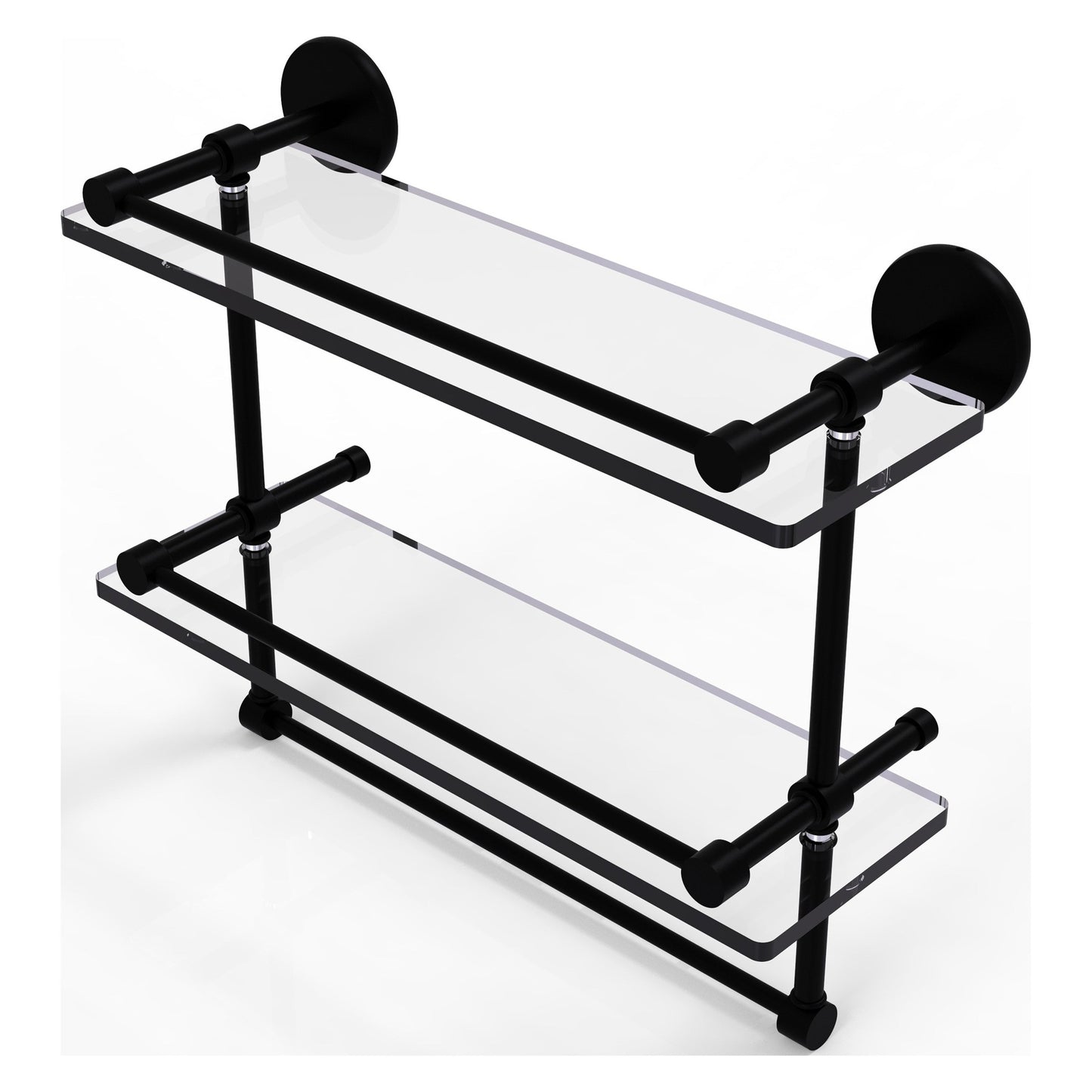 Allied Brass Prestige Skyline 16" x 5" Matte Black Solid Brass Double Glass Shelf With Towel Bar