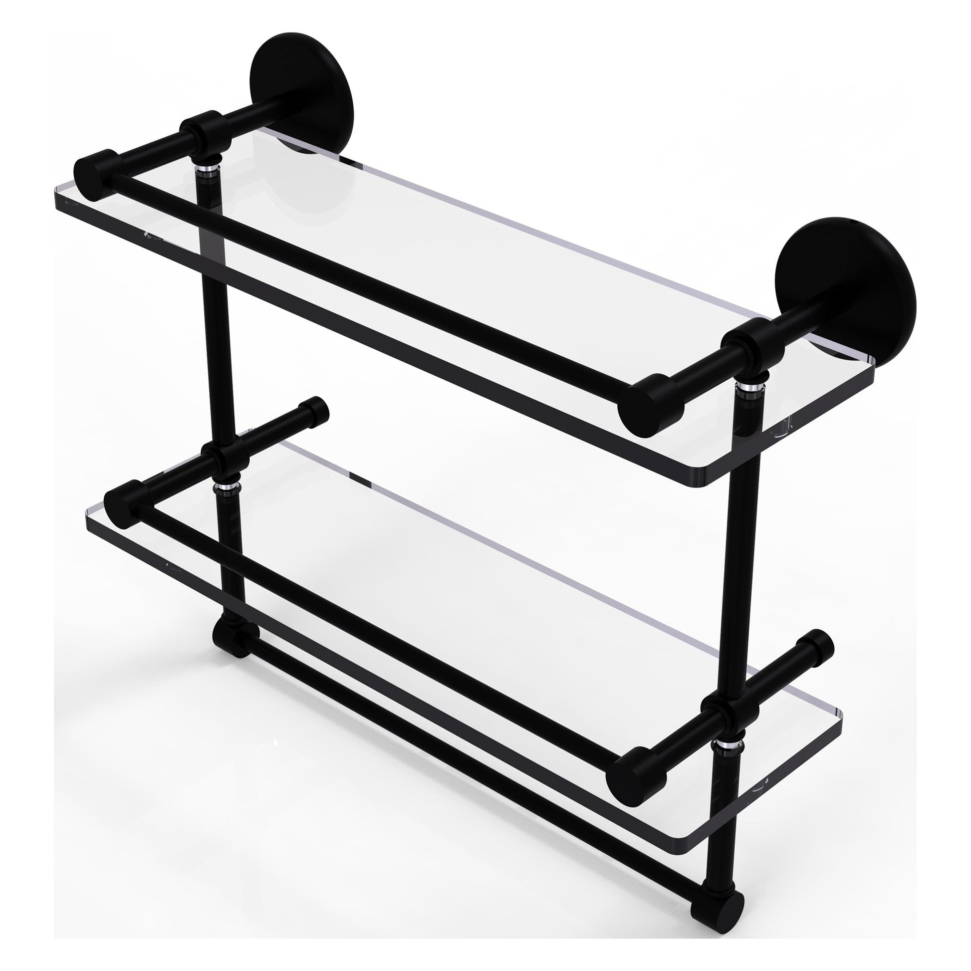 Allied Brass Prestige Skyline 16" x 5" Matte Black Solid Brass Double Glass Shelf With Towel Bar