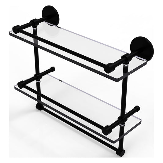 Allied Brass Prestige Skyline 16" x 5" Matte Black Solid Brass Double Glass Shelf With Towel Bar