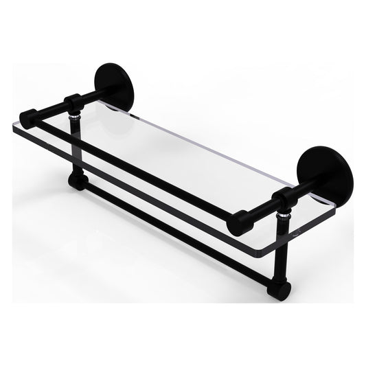 Allied Brass Prestige Skyline 16" x 5" Matte Black Solid Brass Gallery Glass Shelf With Towel Bar