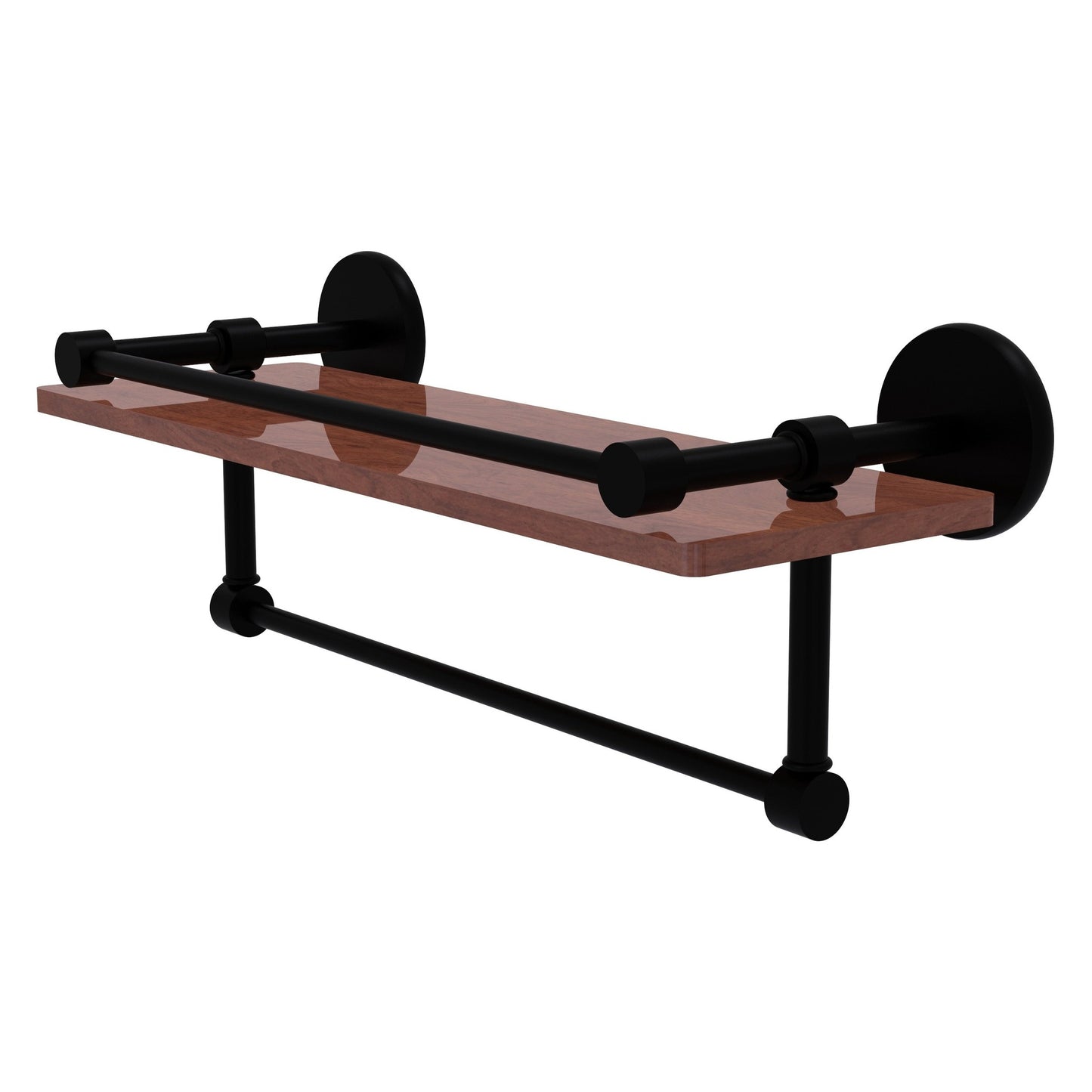 Allied Brass Prestige Skyline 16" x 5" Matte Black Solid Brass IPE Ironwood Shelf With Gallery Rail and Towel Bar