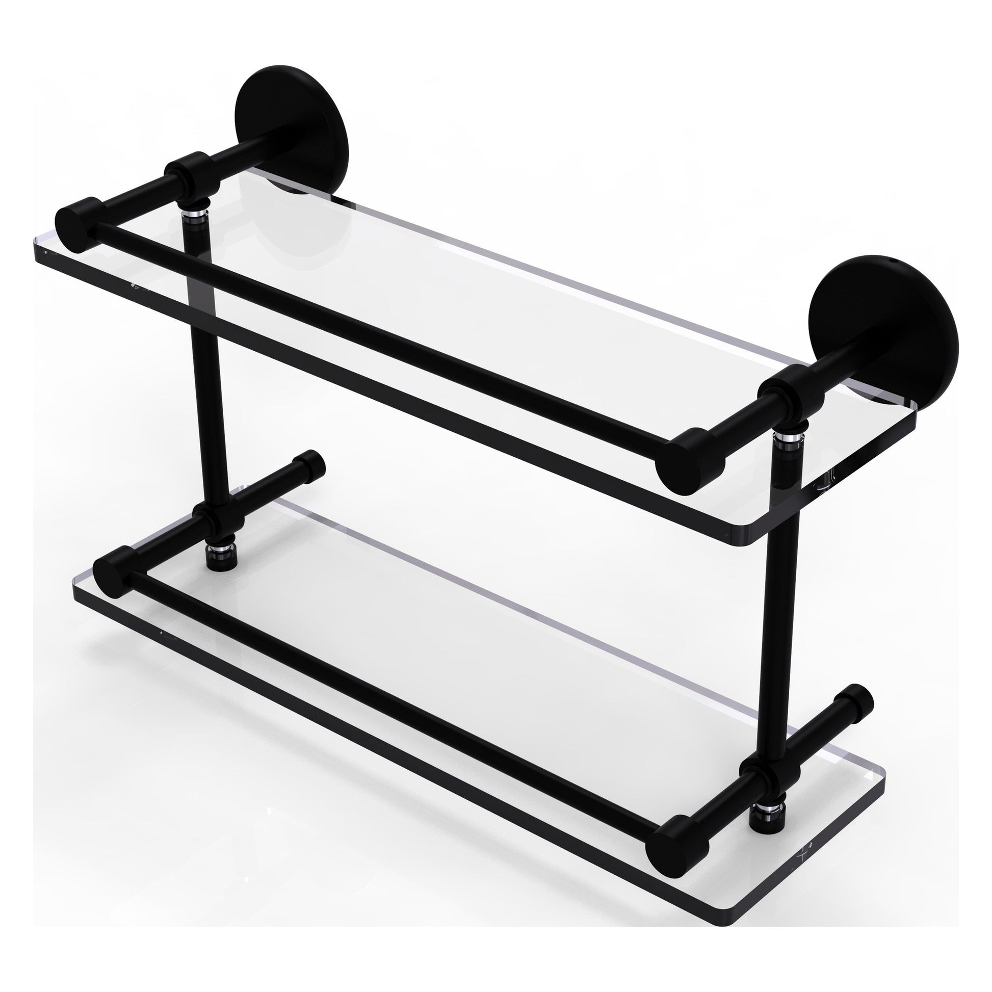 Allied Brass Prestige Skyline 16" x 5" Matte Black Solid Brass Tempered Double Glass Shelf With Gallery Rail