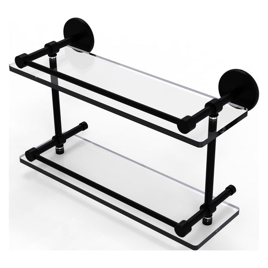 Allied Brass Prestige Skyline 16" x 5" Matte Black Solid Brass Tempered Double Glass Shelf With Gallery Rail