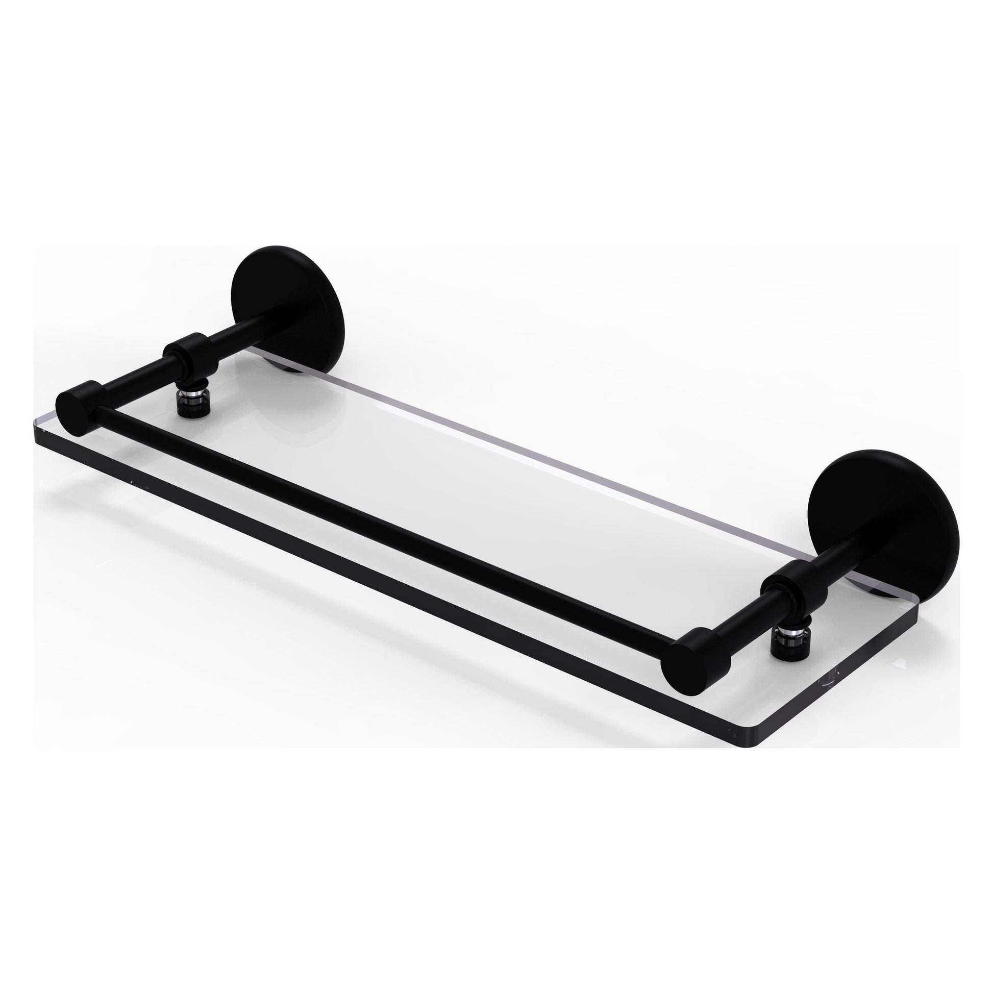 Allied Brass Prestige Skyline 16" x 5" Matte Black Solid Brass Tempered Glass Shelf With Gallery Rail