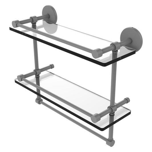Allied Brass Prestige Skyline 16" x 5" Matte Gray Solid Brass Double Glass Shelf With Towel Bar