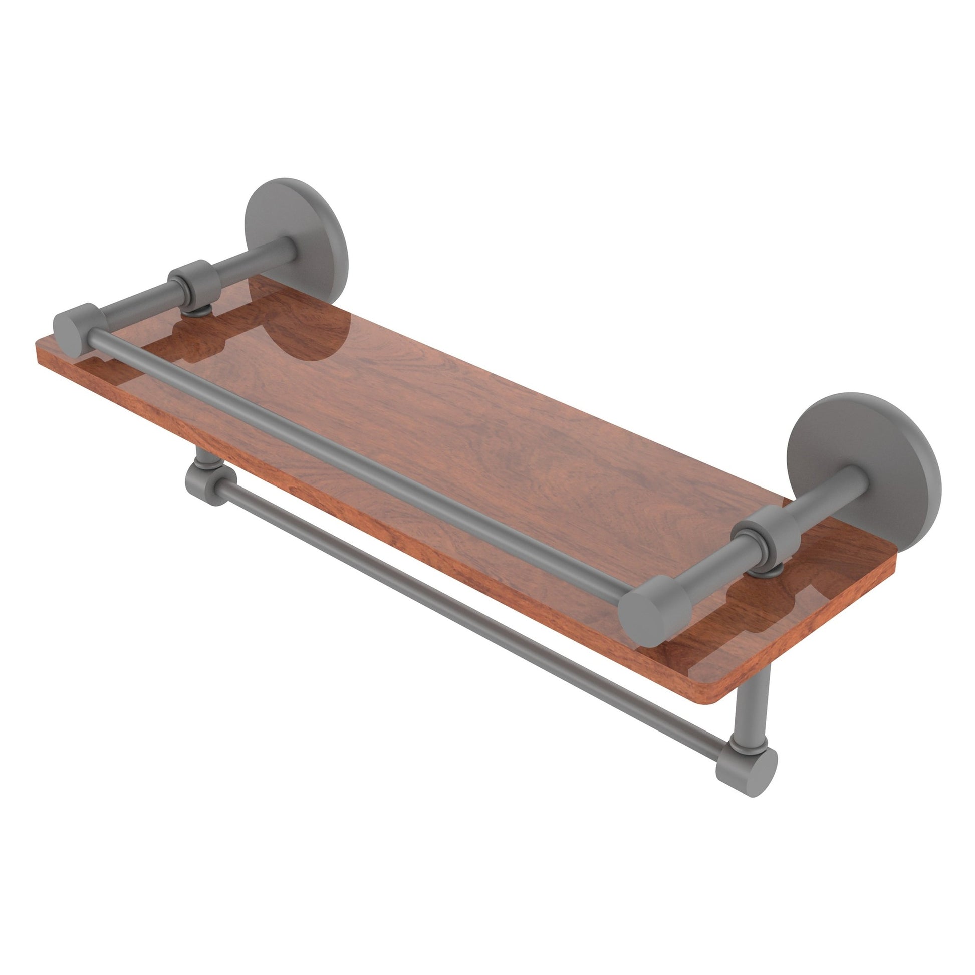 Allied Brass Prestige Skyline 16" x 5" Matte Gray Solid Brass IPE Ironwood Shelf With Gallery Rail and Towel Bar