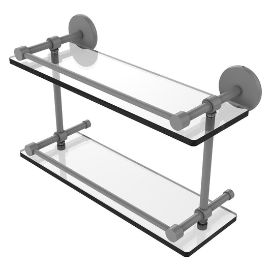 Allied Brass Prestige Skyline 16" x 5" Matte Gray Solid Brass Tempered Double Glass Shelf With Gallery Rail