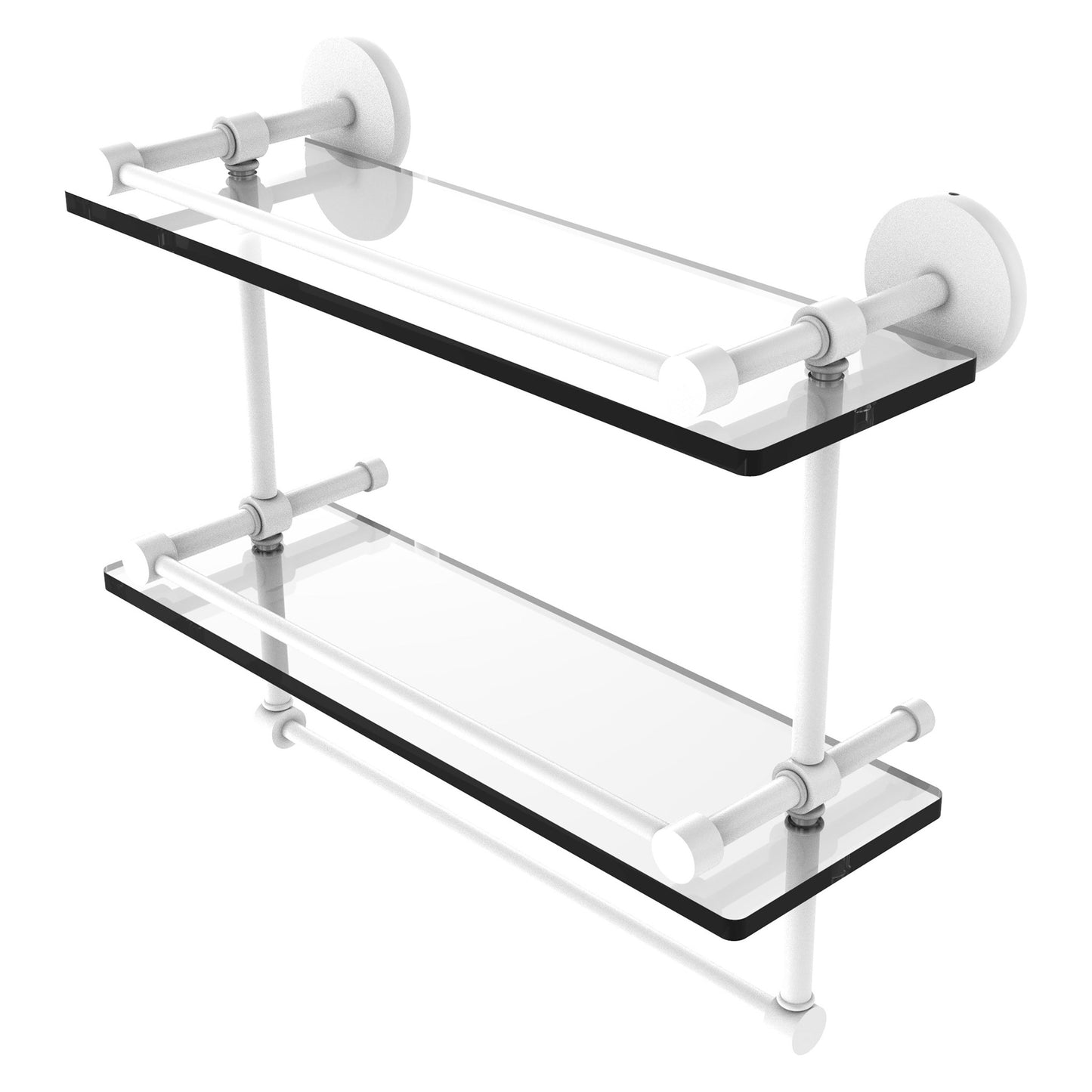 Allied Brass Prestige Skyline 16" x 5" Matte White Solid Brass Double Glass Shelf With Towel Bar
