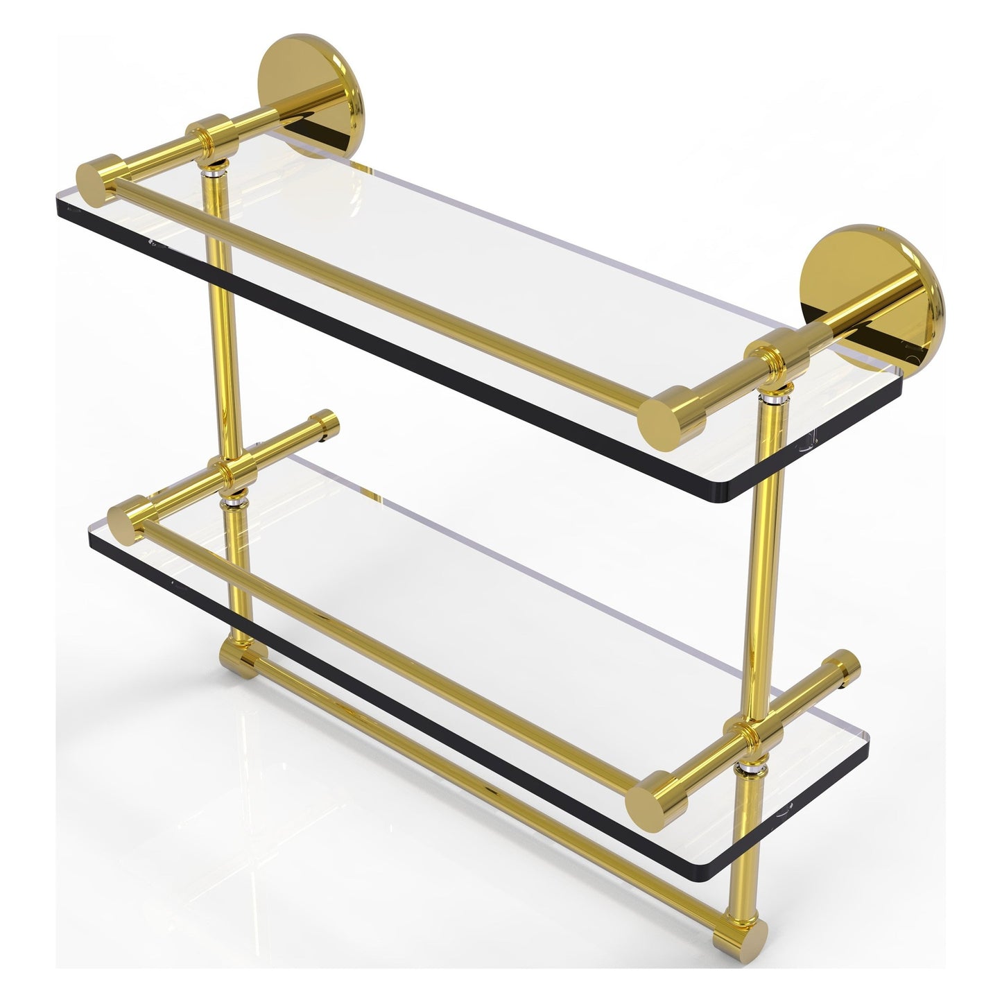 Allied Brass Prestige Skyline 16" x 5" Polished Brass Solid Brass Double Glass Shelf With Towel Bar