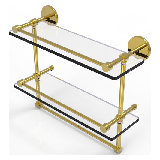 Allied Brass Prestige Skyline 16" x 5" Polished Brass Solid Brass Double Glass Shelf With Towel Bar