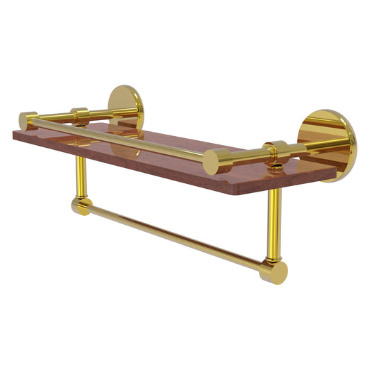 Allied Brass Prestige Skyline 16" x 5" Polished Brass Solid Brass IPE Ironwood Shelf With Gallery Rail and Towel Bar