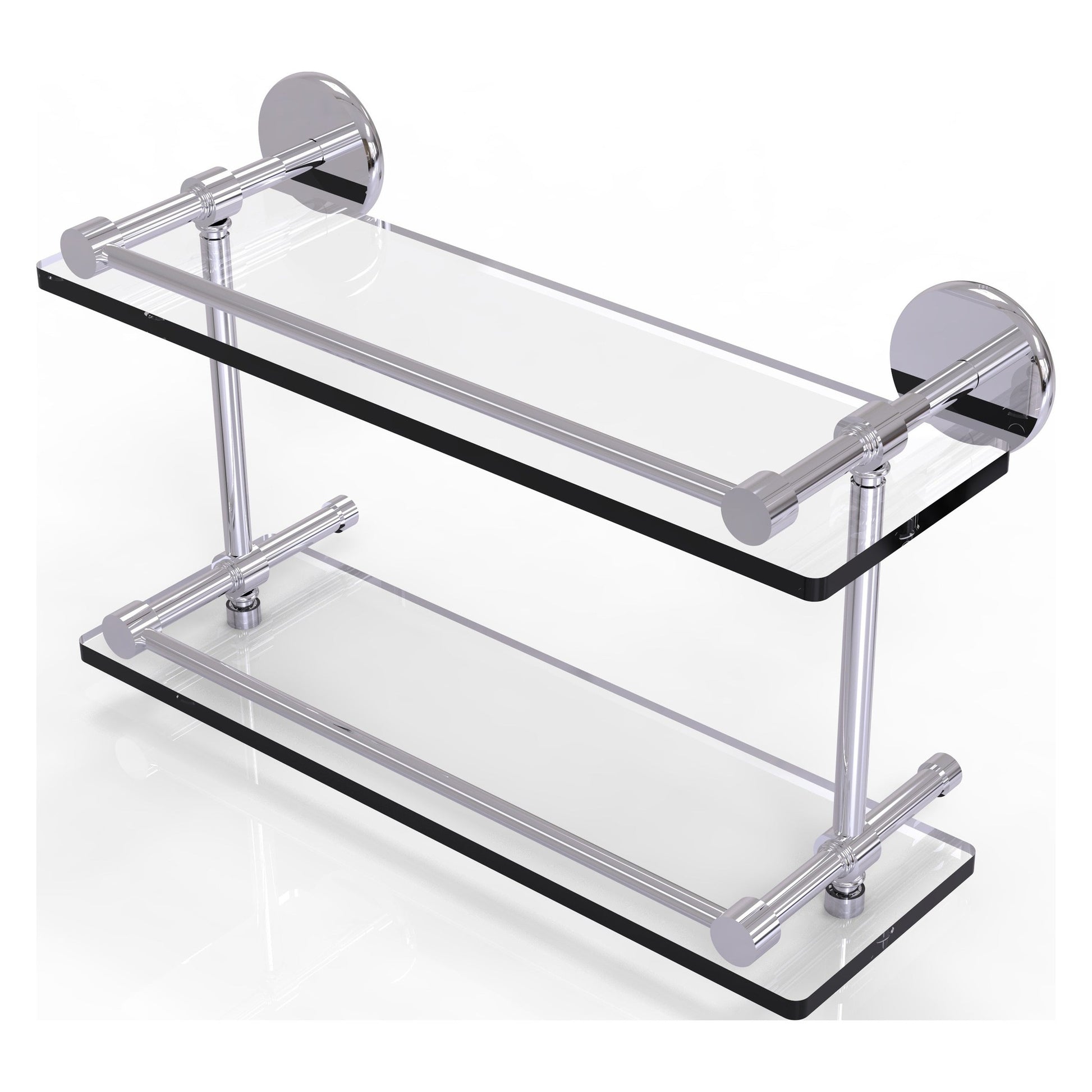 Allied Brass Prestige Skyline 16" x 5" Polished Chrome Solid Brass Tempered Double Glass Shelf With Gallery Rail