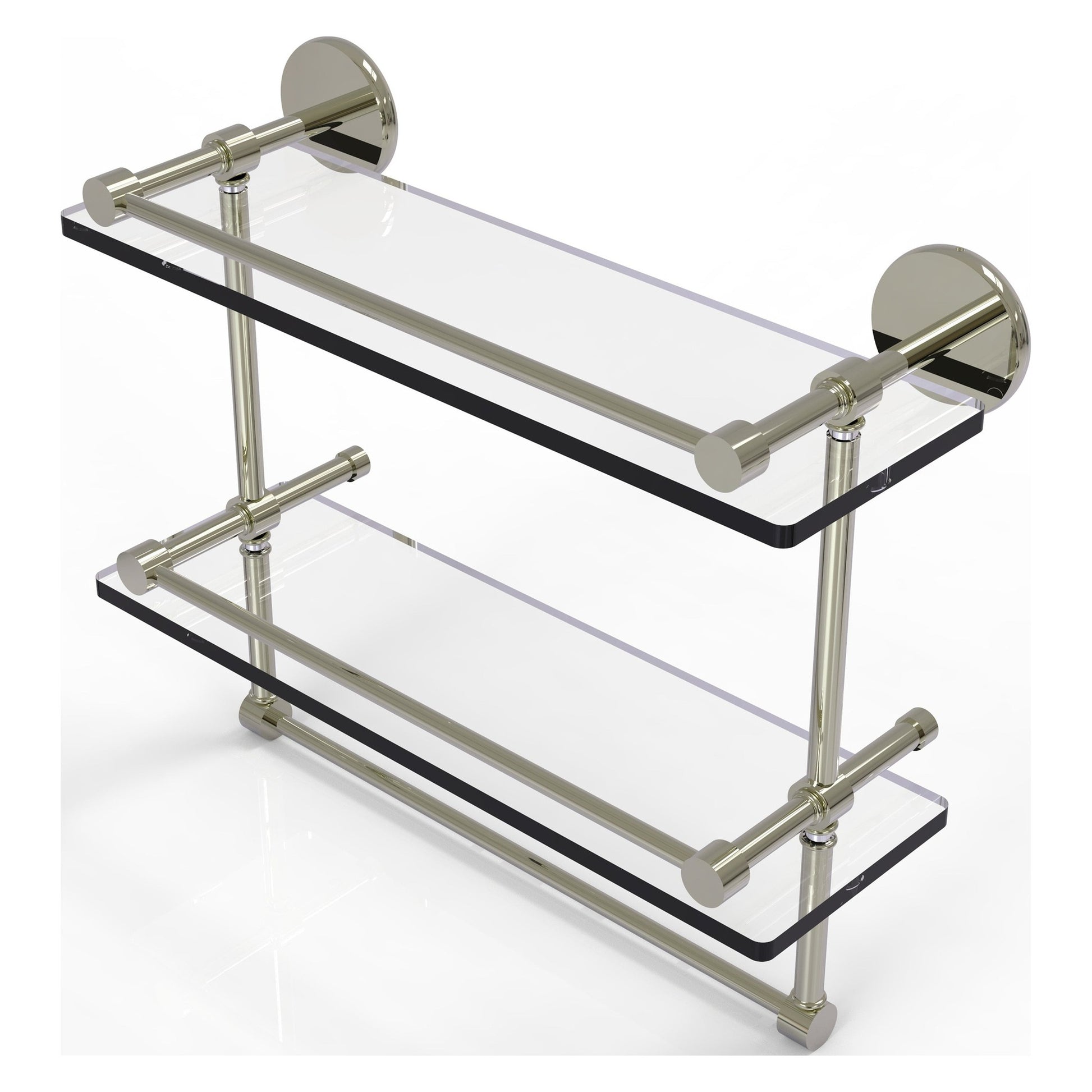 Allied Brass Prestige Skyline 16" x 5" Polished Nickel Solid Brass Double Glass Shelf With Towel Bar