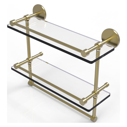 Allied Brass Prestige Skyline 16" x 5" Satin Brass Solid Brass Double Glass Shelf With Towel Bar