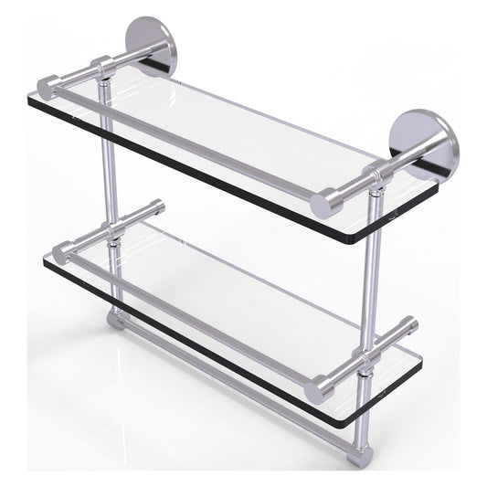 Allied Brass Prestige Skyline 16" x 5" Satin Chrome Solid Brass Double Glass Shelf With Towel Bar