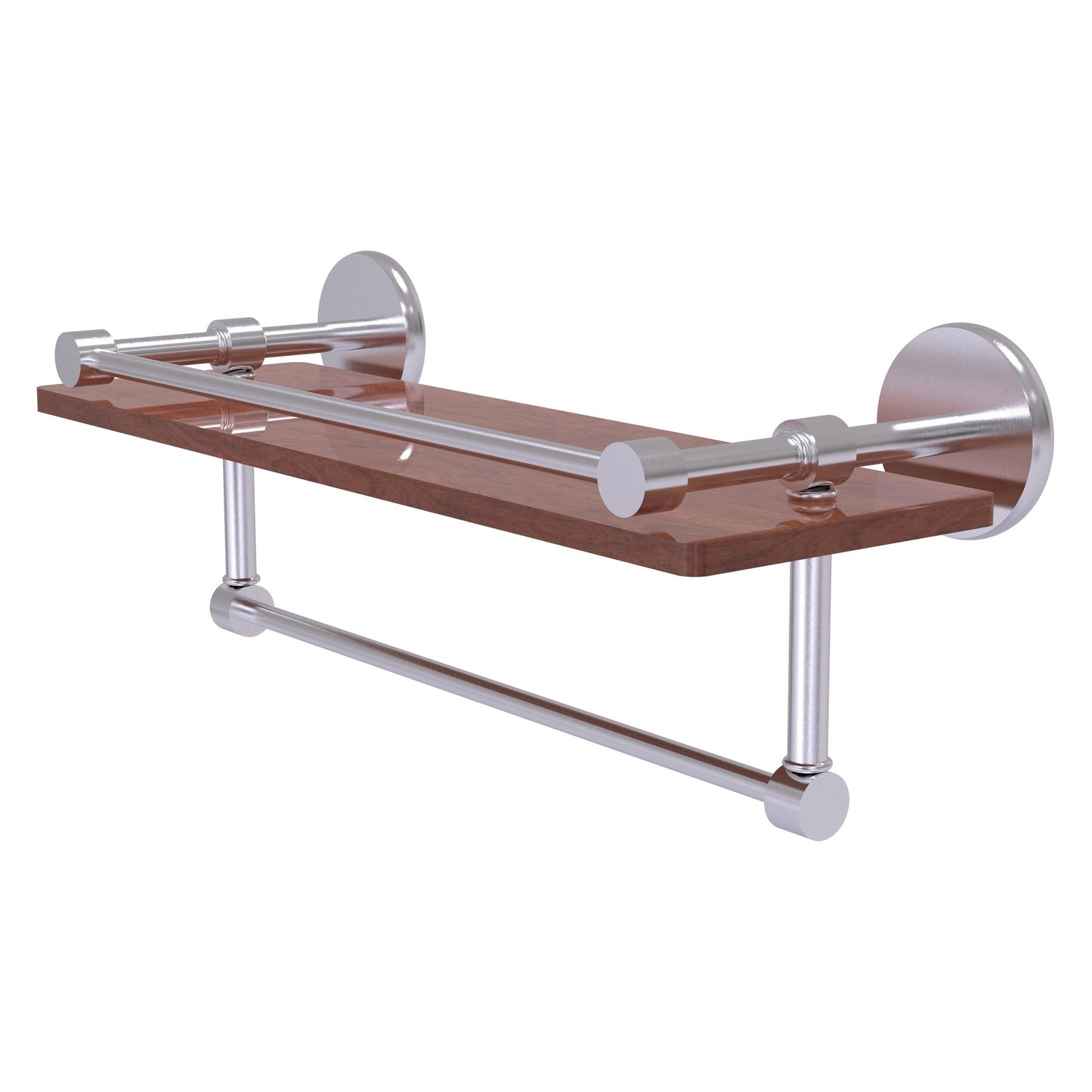 Allied Brass Prestige Skyline 16" x 5" Satin Chrome Solid Brass IPE Ironwood Shelf With Gallery Rail and Towel Bar