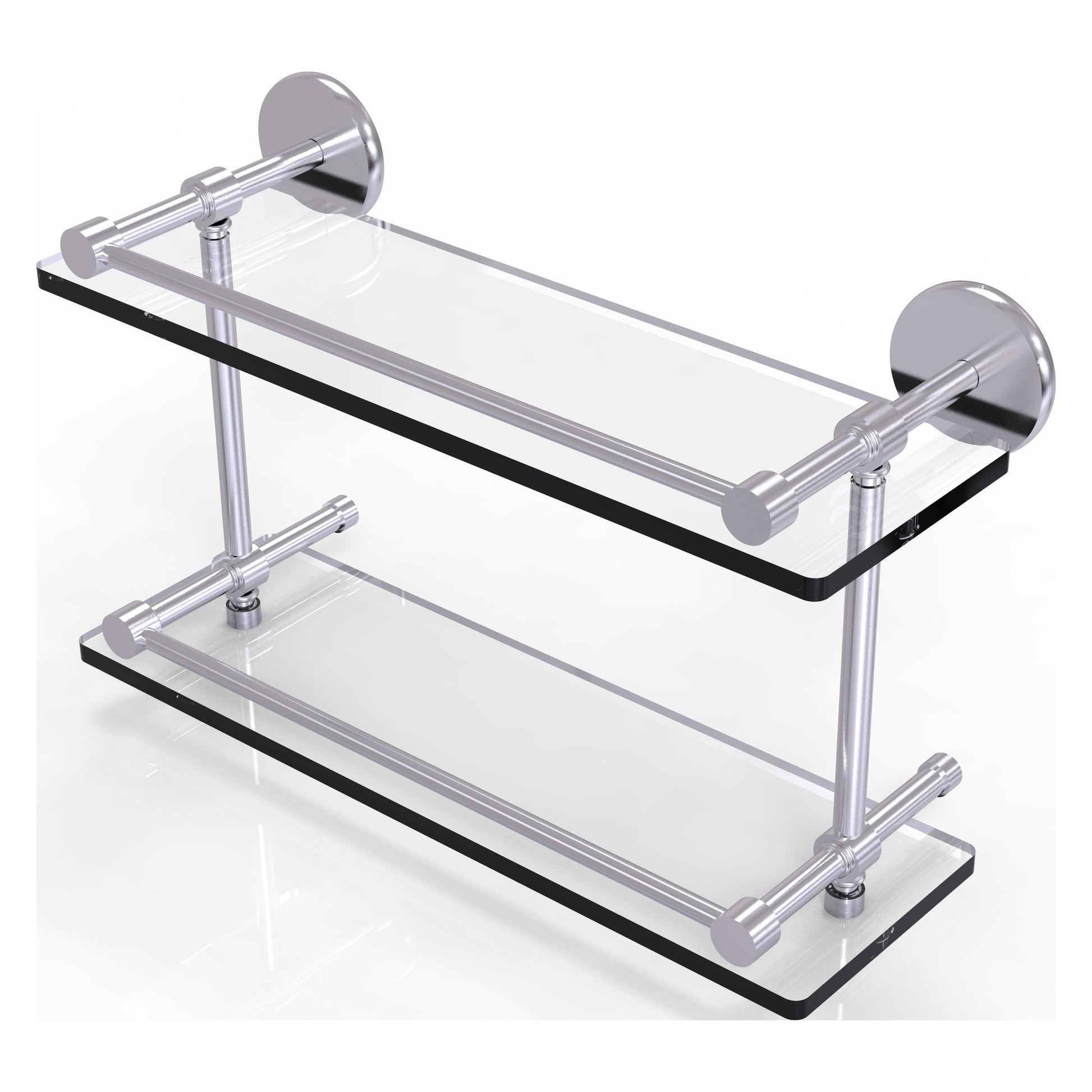 Allied Brass Prestige Skyline 16" x 5" Satin Chrome Solid Brass Tempered Double Glass Shelf With Gallery Rail