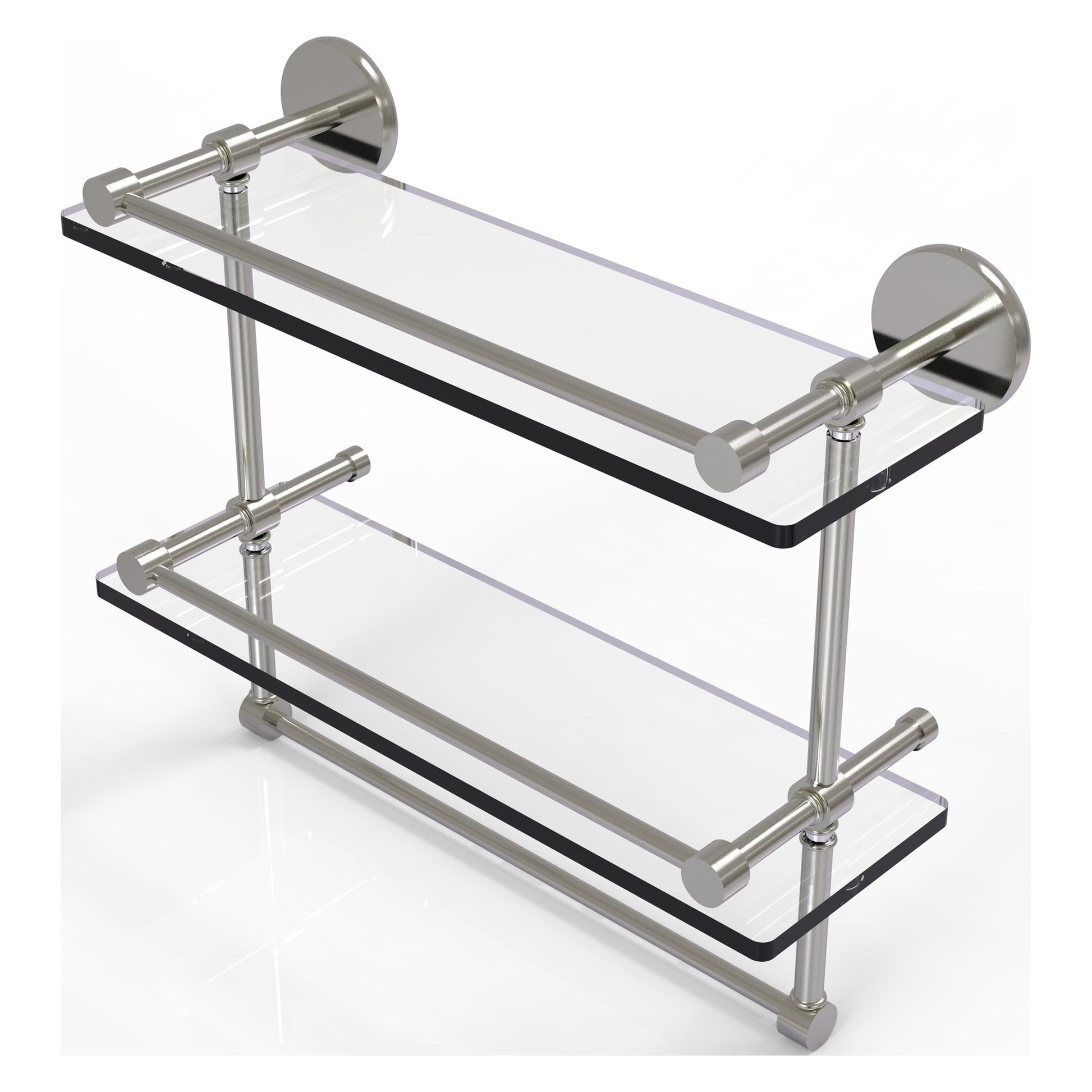 Allied Brass Prestige Skyline 16" x 5" Satin Nickel Solid Brass Double Glass Shelf With Towel Bar