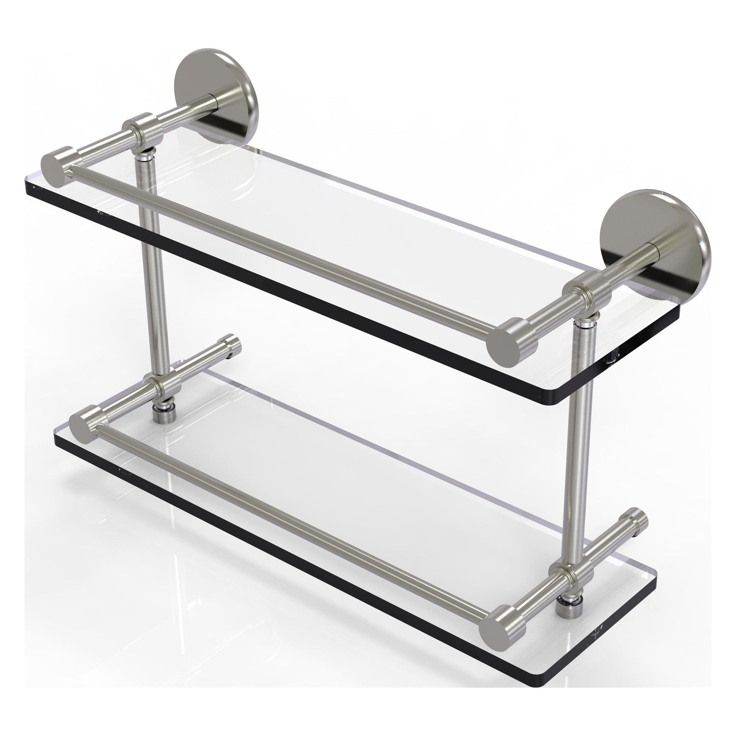 Allied Brass Prestige Skyline 16" x 5" Satin Nickel Solid Brass Tempered Double Glass Shelf With Gallery Rail