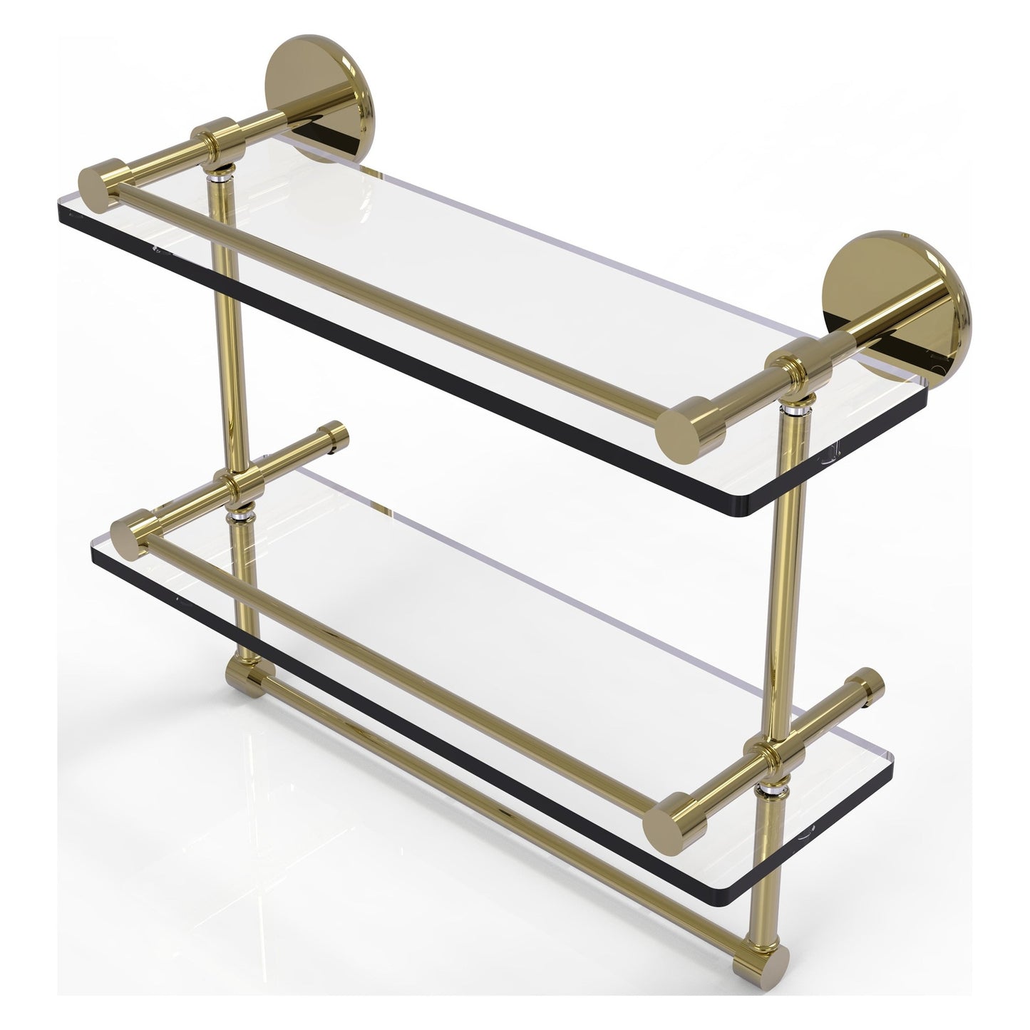 Allied Brass Prestige Skyline 16" x 5" Unlacquered Brass Solid Brass Double Glass Shelf With Towel Bar