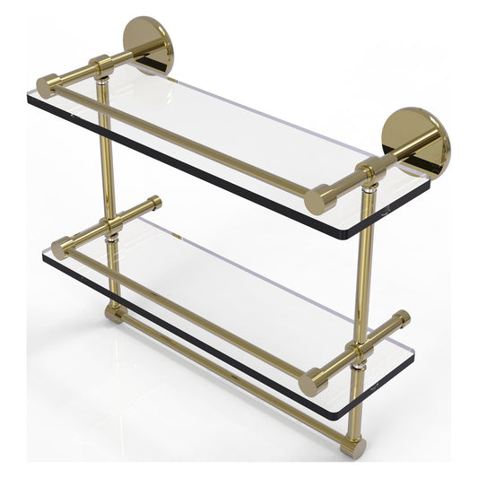 Allied Brass Prestige Skyline 16" x 5" Unlacquered Brass Solid Brass Double Glass Shelf With Towel Bar