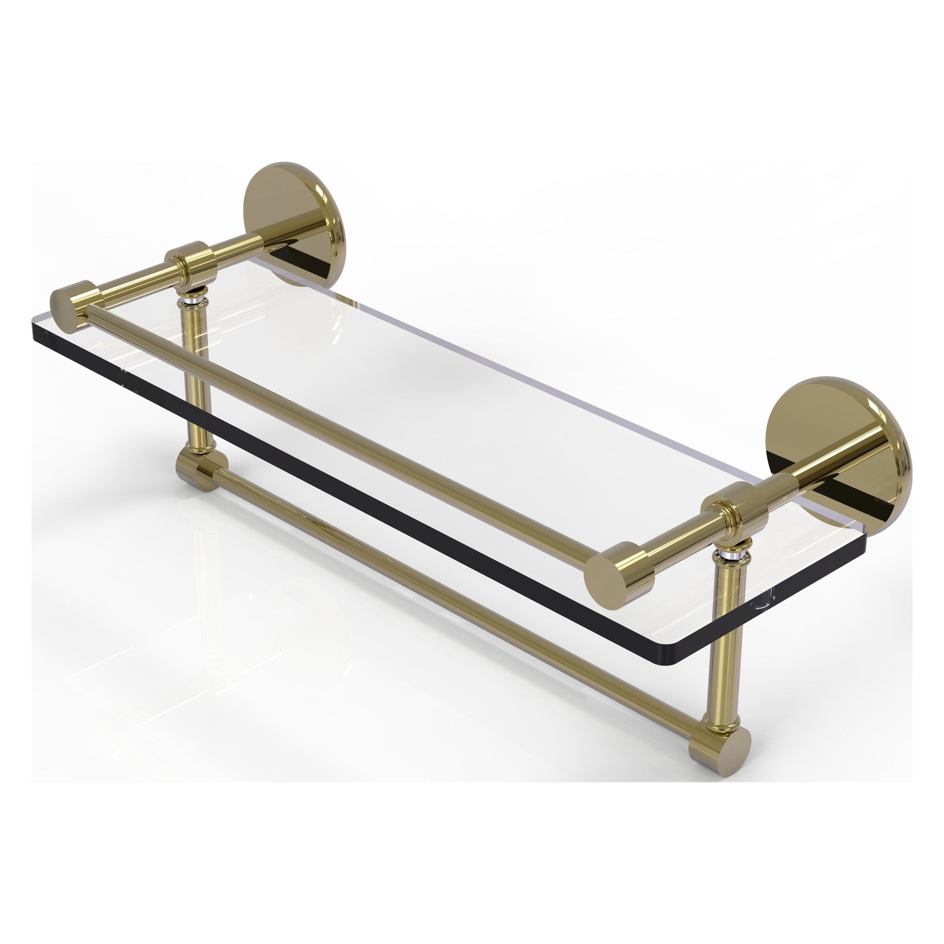 Allied Brass Prestige Skyline 16" x 5" Unlacquered Brass Solid Brass Gallery Glass Shelf With Towel Bar