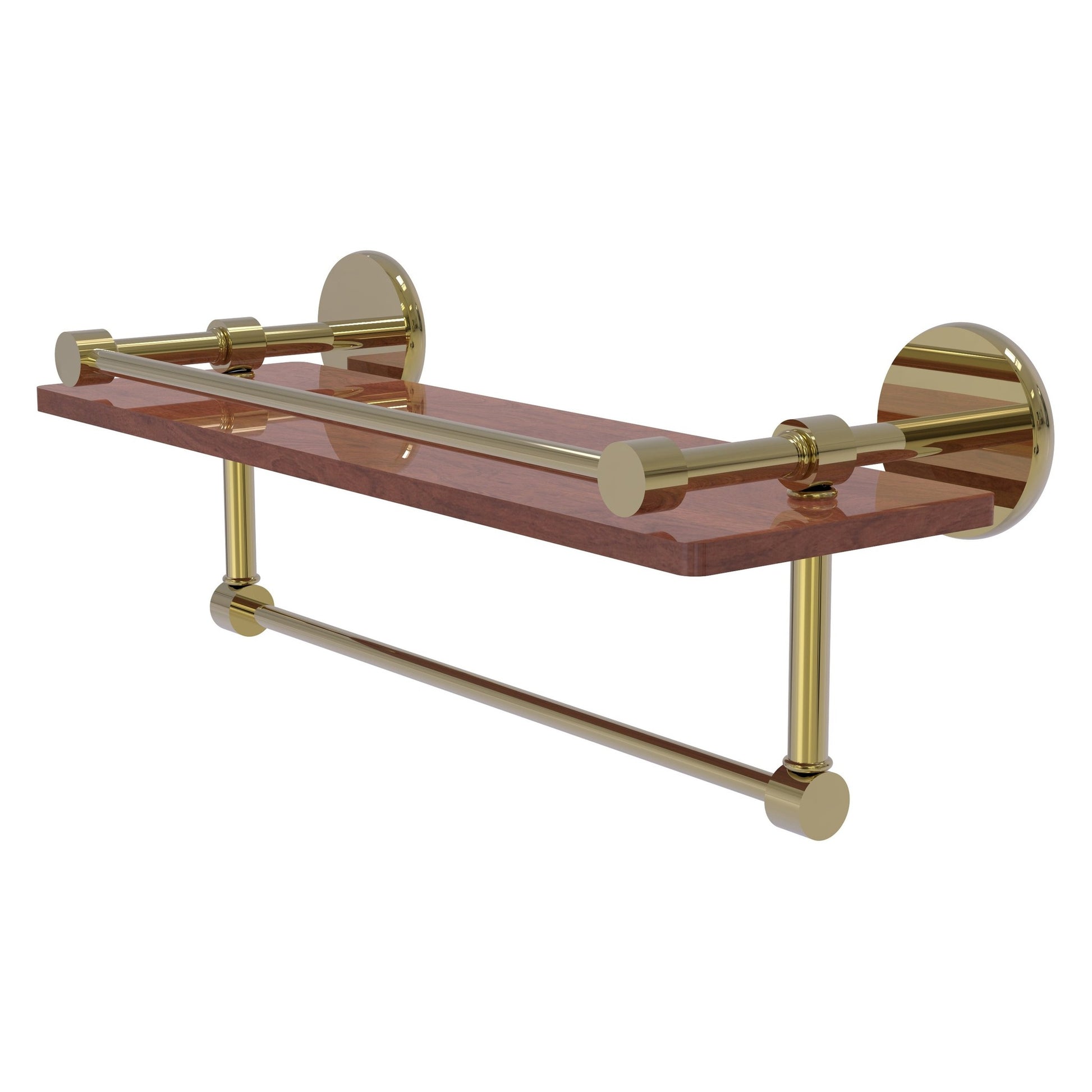 Allied Brass Prestige Skyline 16" x 5" Unlacquered Brass Solid Brass IPE Ironwood Shelf With Gallery Rail and Towel Bar
