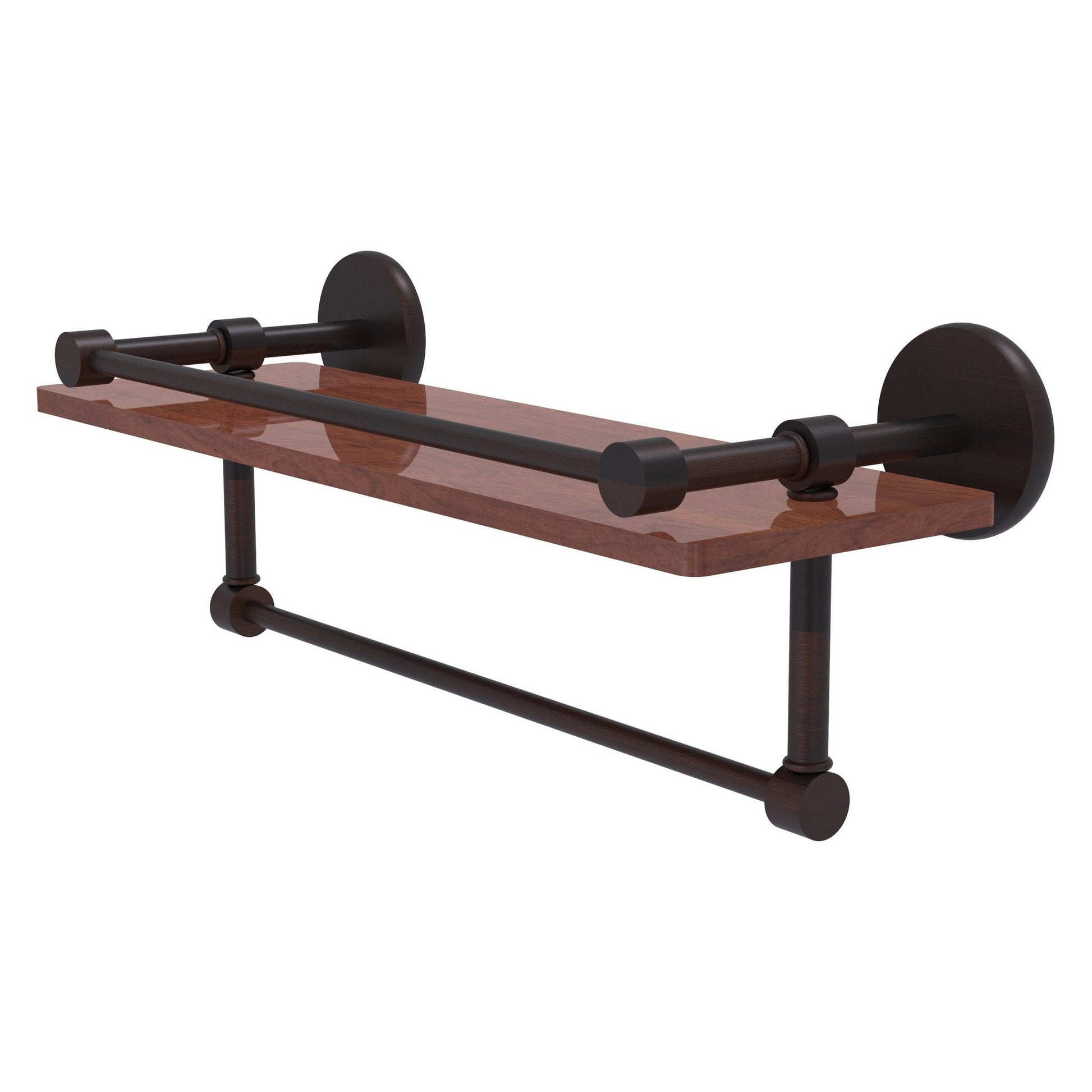 Allied Brass Prestige Skyline 16" x 5" Venetian Bronze Solid Brass IPE Ironwood Shelf With Gallery Rail and Towel Bar