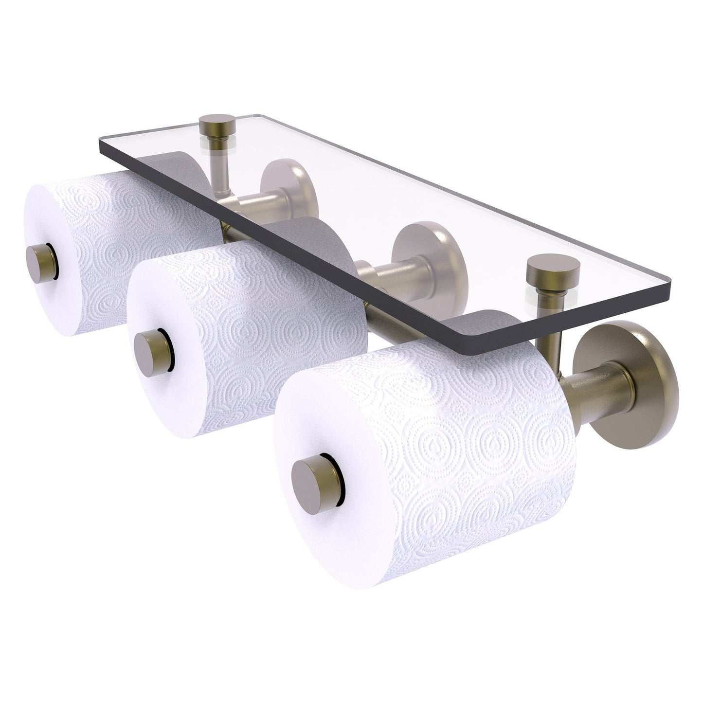 Allied Brass Prestige Skyline 16.2" x 7.9" Antique Brass Solid Brass Horizontal Reserve 3-Roll Toilet Paper Holder With Glass Shelf