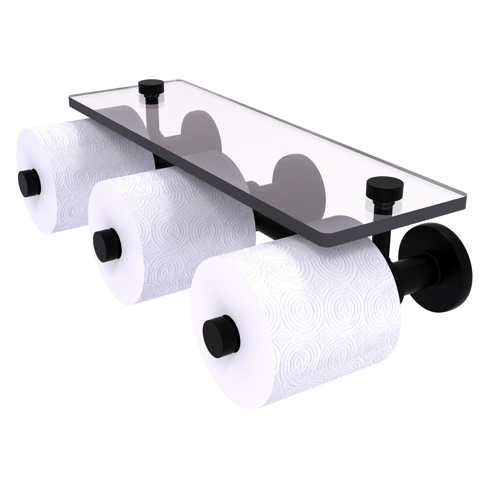 Allied Brass Prestige Skyline 16.2" x 7.9" Matte Black Solid Brass Horizontal Reserve 3-Roll Toilet Paper Holder With Glass Shelf
