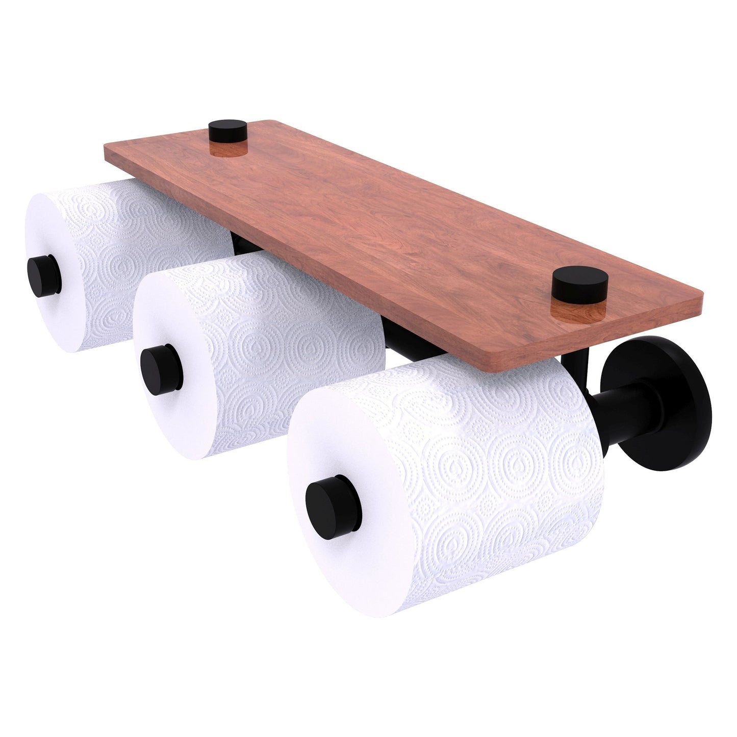 Allied Brass Prestige Skyline 16.2" x 7.9" Matte Black Solid Brass Horizontal Reserve 3-Roll Toilet Paper Holder With Wood Shelf