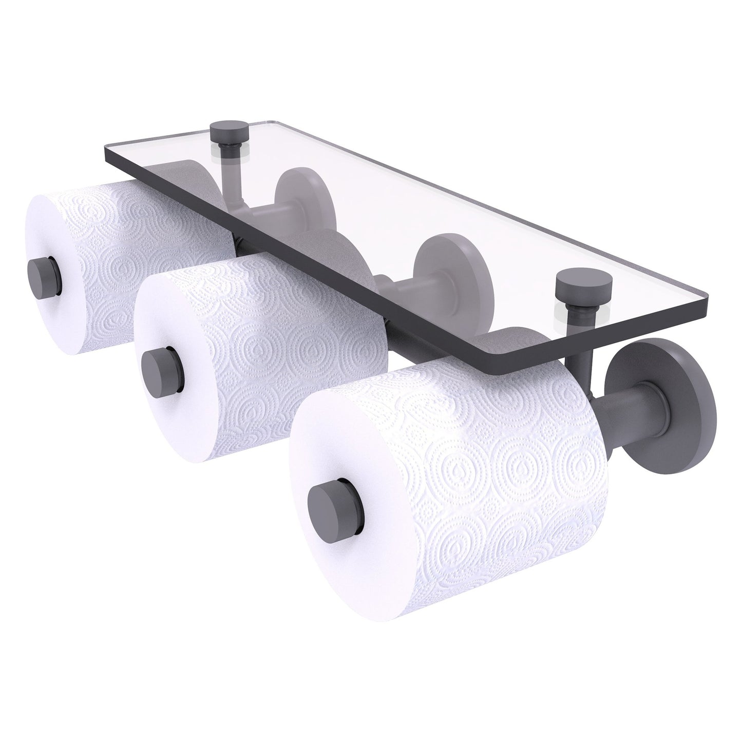 Allied Brass Prestige Skyline 16.2" x 7.9" Matte Gray Solid Brass Horizontal Reserve 3-Roll Toilet Paper Holder With Glass Shelf