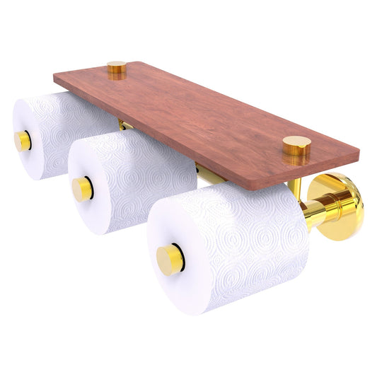 Allied Brass Prestige Skyline 16.2" x 7.9" Polished Brass Solid Brass Horizontal Reserve 3-Roll Toilet Paper Holder With Wood Shelf