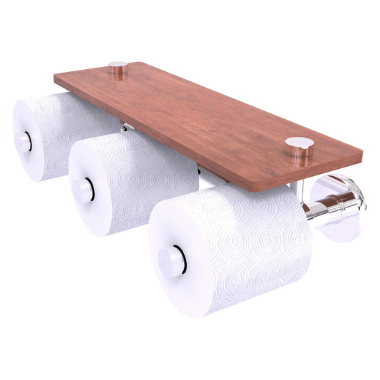 Allied Brass Prestige Skyline 16.2" x 7.9" Polished Chrome Solid Brass Horizontal Reserve 3-Roll Toilet Paper Holder With Wood Shelf
