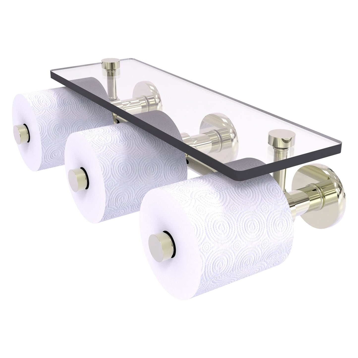 Allied Brass Prestige Skyline 16.2" x 7.9" Polished Nickel Solid Brass Horizontal Reserve 3-Roll Toilet Paper Holder With Glass Shelf