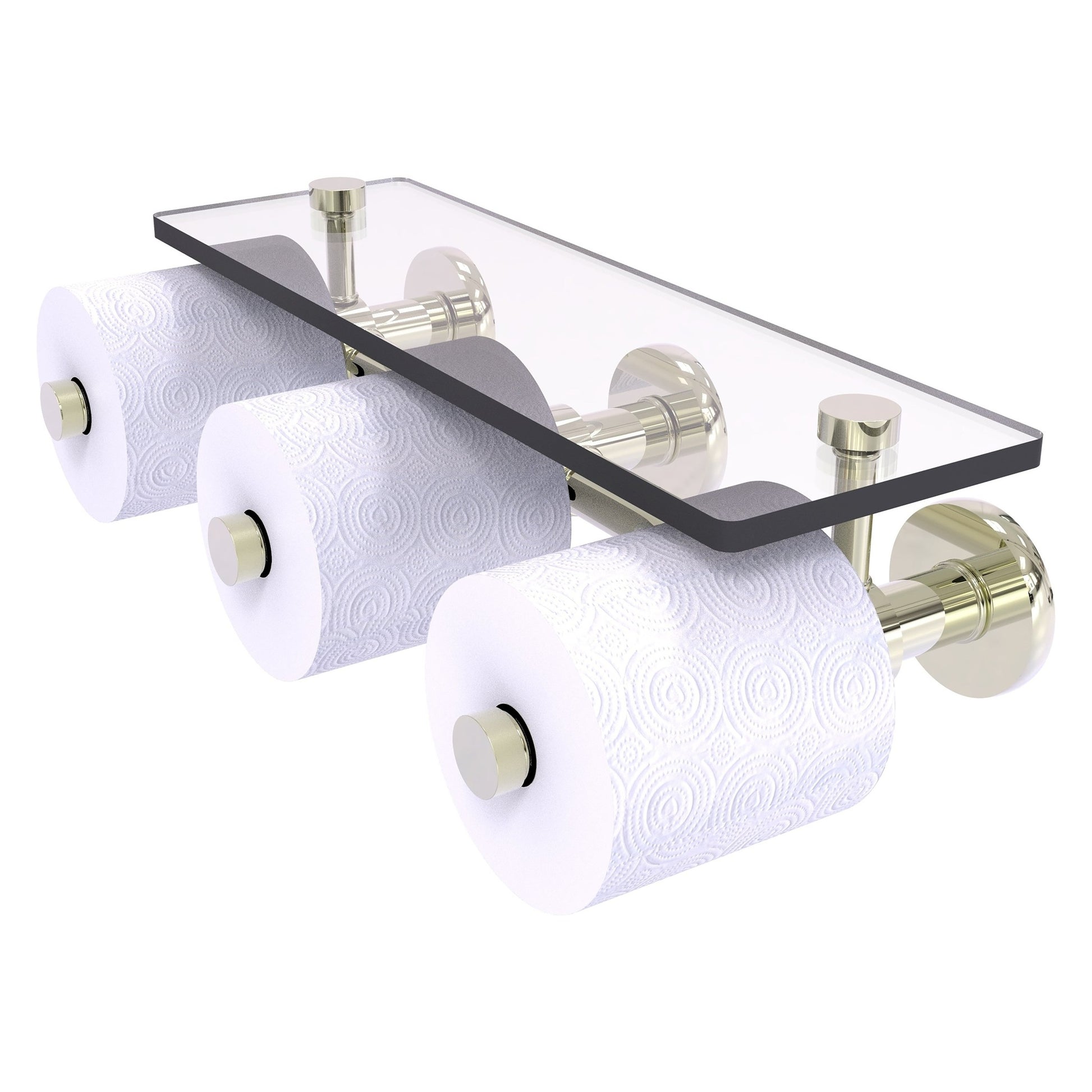 Allied Brass Prestige Skyline 16.2" x 7.9" Polished Nickel Solid Brass Horizontal Reserve 3-Roll Toilet Paper Holder With Glass Shelf