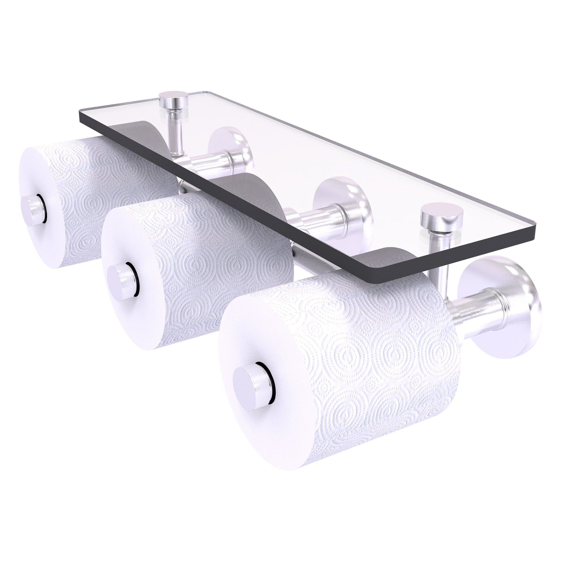 Allied Brass Prestige Skyline 16.2" x 7.9" Satin Chrome Solid Brass Horizontal Reserve 3-Roll Toilet Paper Holder With Glass Shelf