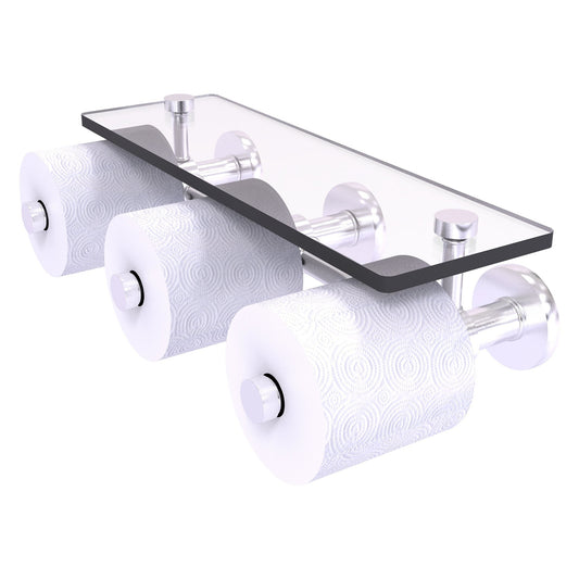 Allied Brass Prestige Skyline 16.2" x 7.9" Satin Chrome Solid Brass Horizontal Reserve 3-Roll Toilet Paper Holder With Glass Shelf
