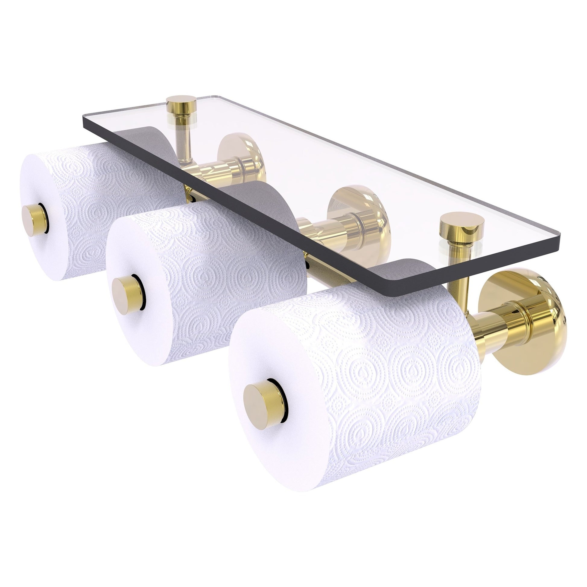 Allied Brass Prestige Skyline 16.2" x 7.9" Unlacquered Brass Solid Brass Horizontal Reserve 3-Roll Toilet Paper Holder With Glass Shelf
