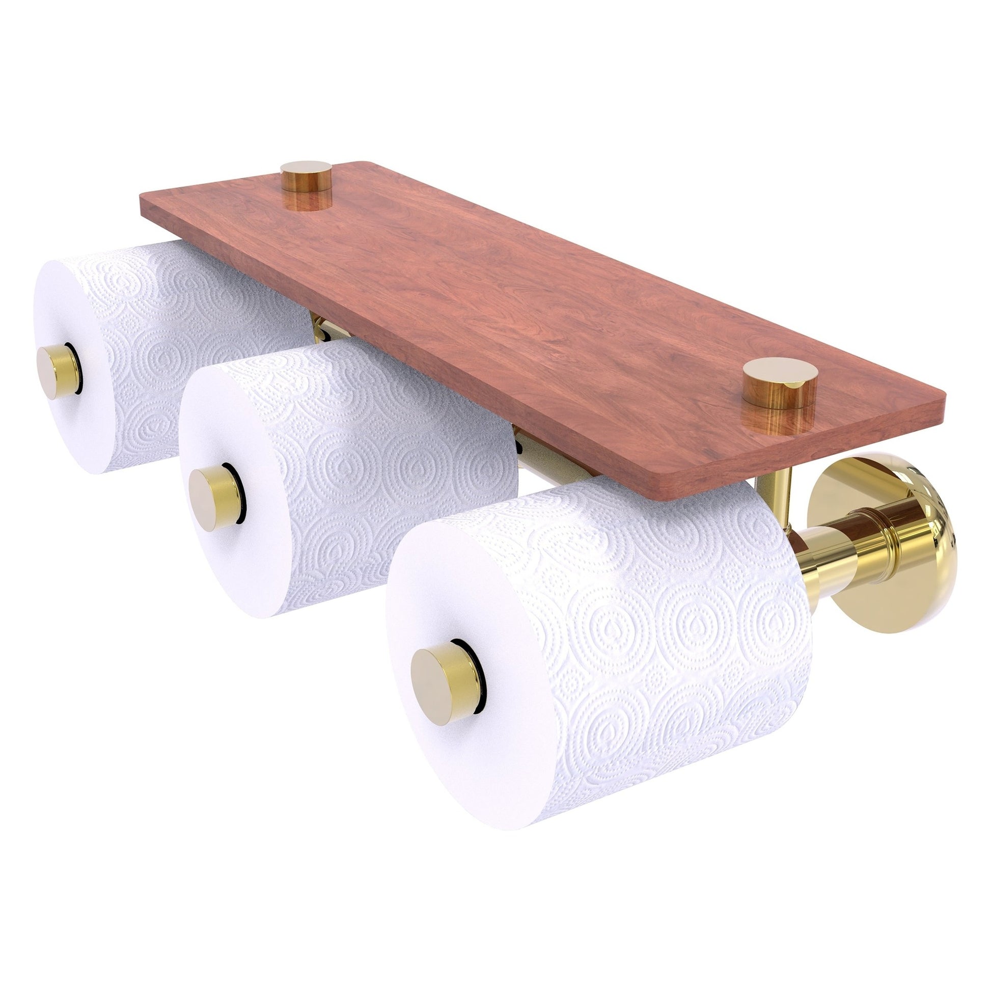 Allied Brass Prestige Skyline 16.2" x 7.9" Unlacquered Brass Solid Brass Horizontal Reserve 3-Roll Toilet Paper Holder With Wood Shelf