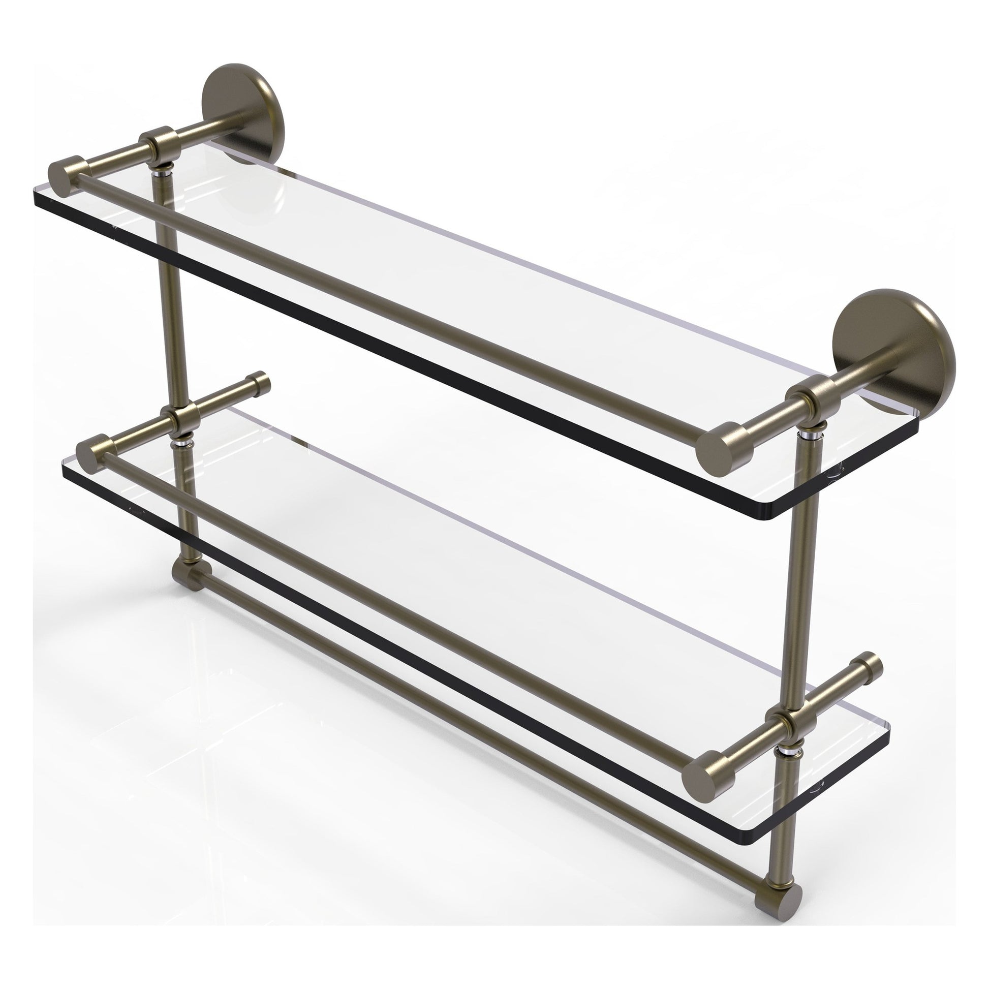 Allied Brass Prestige Skyline 22" x 5" Antique Brass Solid Brass Double Glass Shelf With Towel Bar
