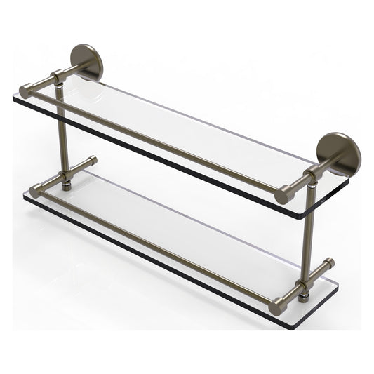Allied Brass Prestige Skyline 22" x 5" Antique Brass Solid Brass Tempered Double Glass Shelf With Gallery Rail