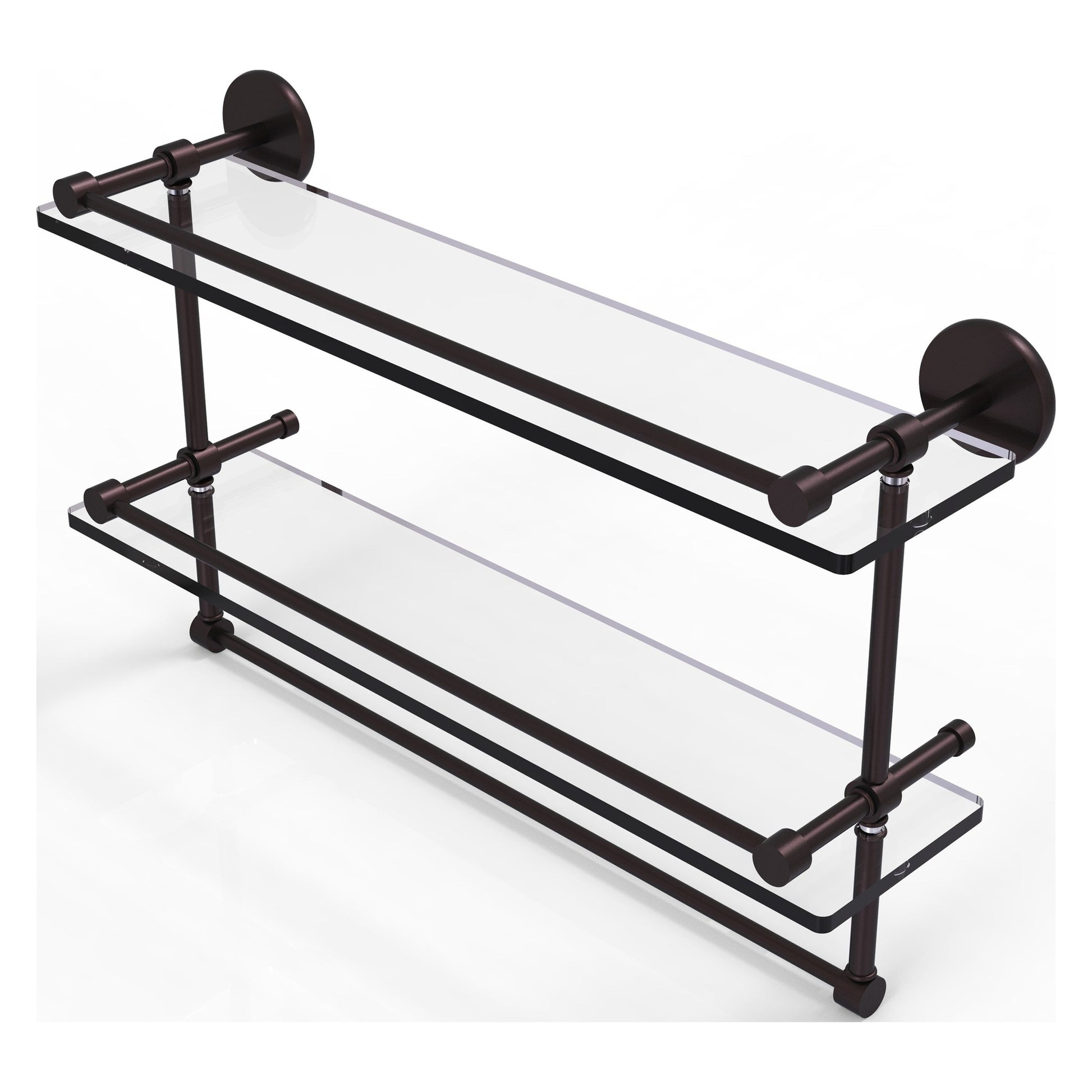 Allied Brass Prestige Skyline 22" x 5" Antique Bronze Solid Brass Double Glass Shelf With Towel Bar