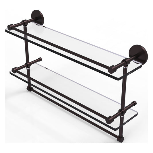 Allied Brass Prestige Skyline 22" x 5" Antique Bronze Solid Brass Double Glass Shelf With Towel Bar