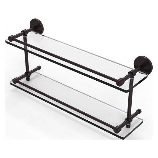 Allied Brass Prestige Skyline 22" x 5" Antique Bronze Solid Brass Tempered Double Glass Shelf With Gallery Rail