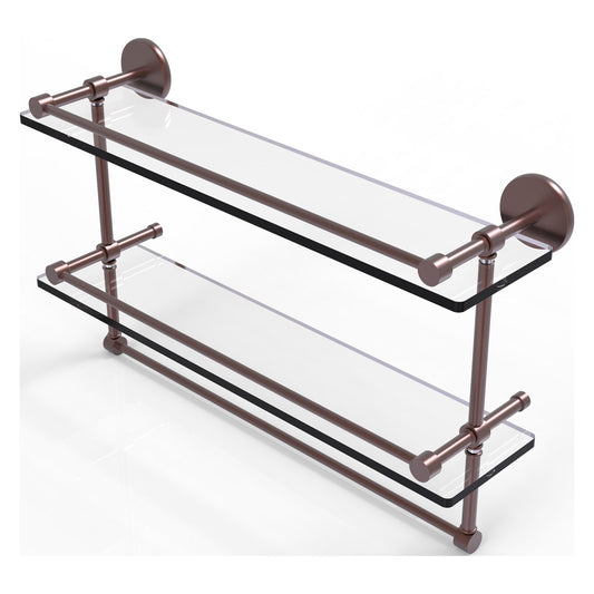 Allied Brass Prestige Skyline 22" x 5" Antique Copper Solid Brass Double Glass Shelf With Towel Bar