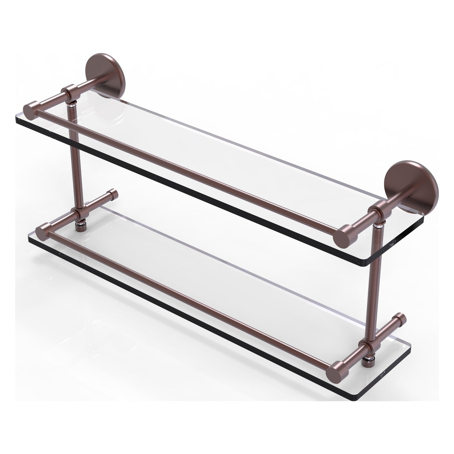 Allied Brass Prestige Skyline 22" x 5" Antique Copper Solid Brass Tempered Double Glass Shelf With Gallery Rail